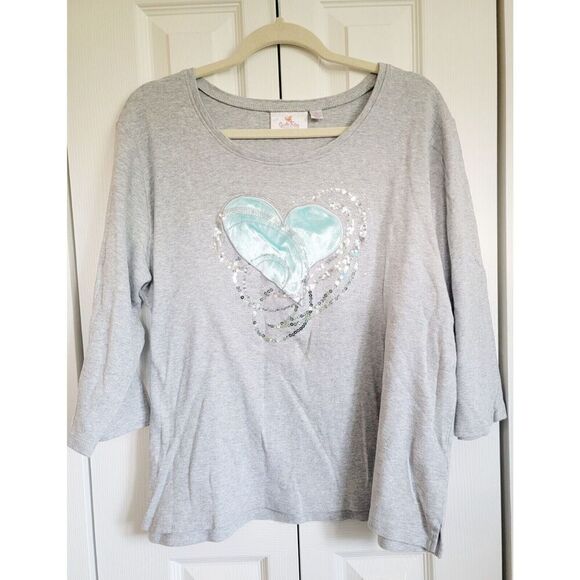 Quacker Factory XL‎ Sequin 3/4 Sleeve Shirt Gray Round Neck Satin Heart Stretch - Picture 1 of 8